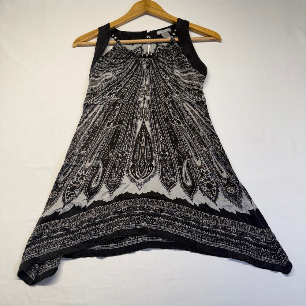 Cache Paisley Boho Tunic Dress Flowy Swing Keyhole Festival Chic Beaded Romantic